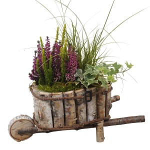 Herbstliches Arrangement im Holzgefäß Schubkarre, ca. 20 cm Durchmesser, mit Heide, Efeu und Segge.