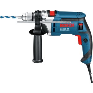 Bosch Professional GSB 16 RE Schlagbohrmaschine (750 W) mit Zusatzhandgriff und Bohrer.