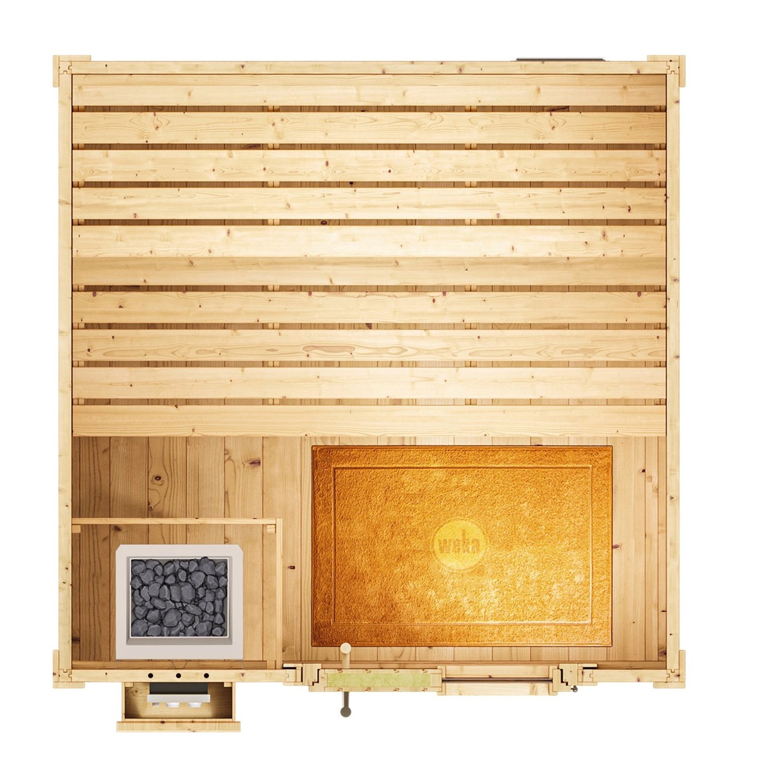 Draufsicht des naturbelassenen Weka Saunahaus Naantali Sparset mit Saunaofen und Liegeflächen.