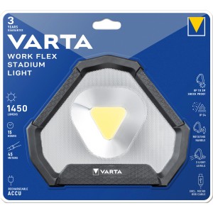 Varta Akku-LED-Taschenlampe Work Flex Stadium Light, robuste Arbeitsleuchte mit Akku und USB-Anschluss.