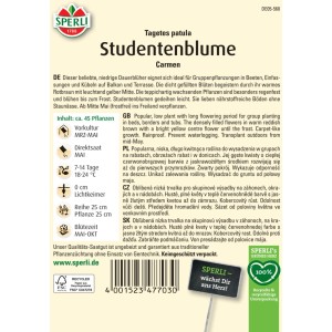 Samenpackung Studentenblume Carmen: Braunrote Blüten mit gelber Mitte. Studentenblumensamen für Beet und Kübel.