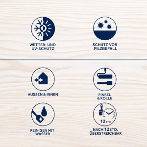 Piktogramme der Bondex Wetterschutz-Farbe: UV-Schutz, Schutz vor Pilzbefall, Innen & Außen, Pinsel & Rolle, Reinigung mit Wasser, Überstreichbar nach 12 Std.