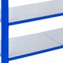 Detailansicht: Blaues Ar Shelving T Profil Steckregal mit verzinkten Böden.