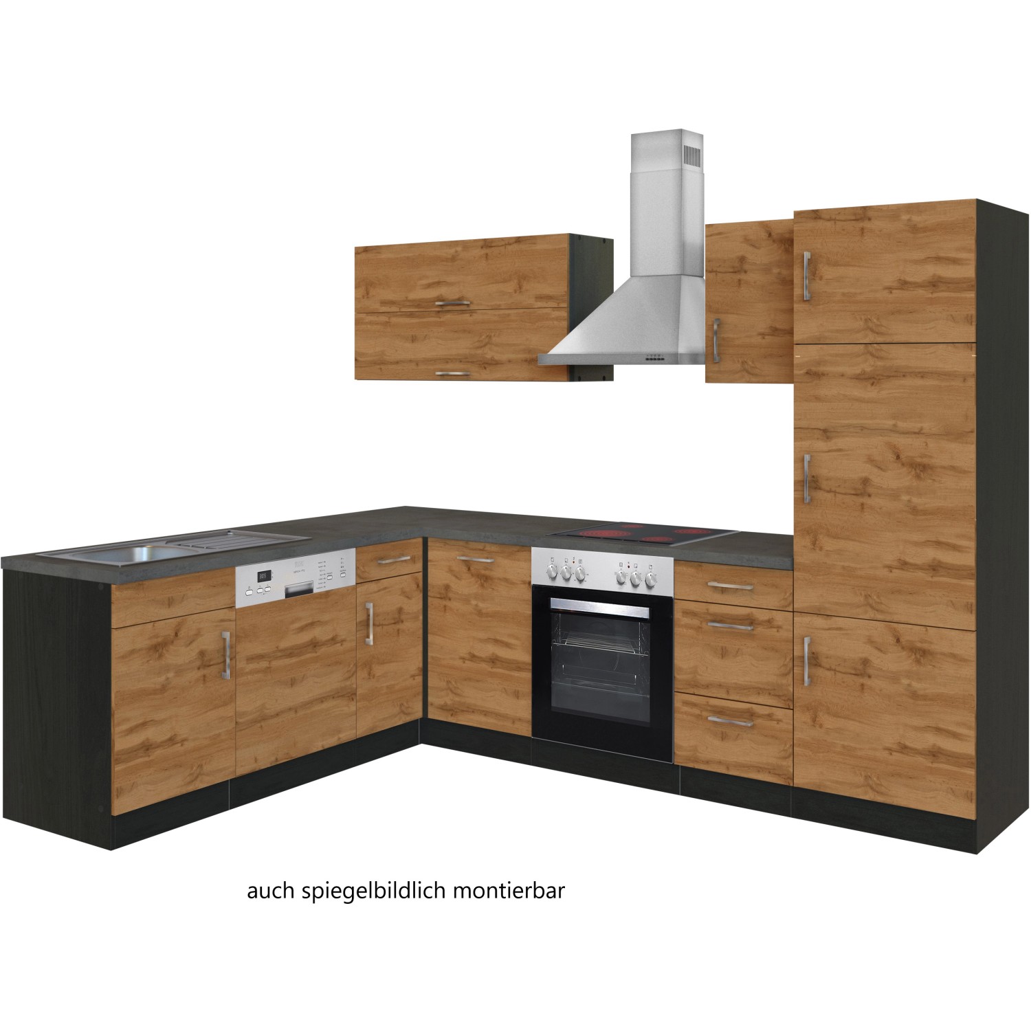 Held Möbel Küchenzeile Sorrento in Wotaneiche-Grafit Winkelform mit E-Geräten und Edelstahl Kaminhaube.