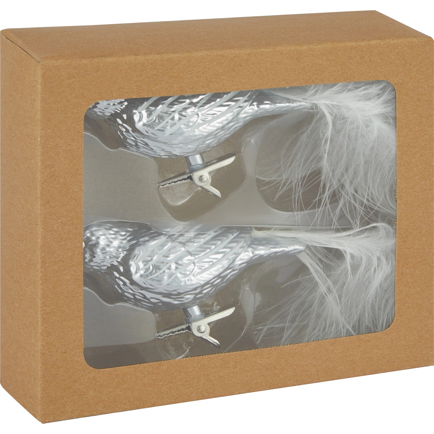 Weihnachtsdeko: 2 silberne Kunststoffvögel mit Clip im Set, Baumbehang.