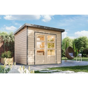 Karibu Gartenhaus Domingo 3 A in Natur-Grau mit Doppeltür und Stahlecken im Garten.