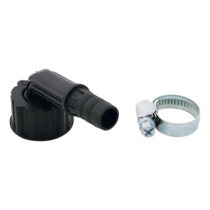 Winkel-Schlauchverschraubung 90° aus Kunststoff mit Schelle für Schlauchanschluss.
