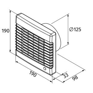 Technische Zeichnung: Badventilator Ø 125 mm mit Jalousie und Nachlaufzeit, Maße 190x190x98 mm.