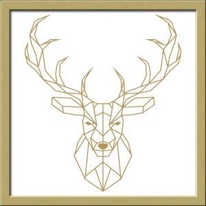 Gerahmtes Bild: Goldener Polygon-Hirsch auf Weiß, moderne Wanddeko (32,5x32,5 cm).