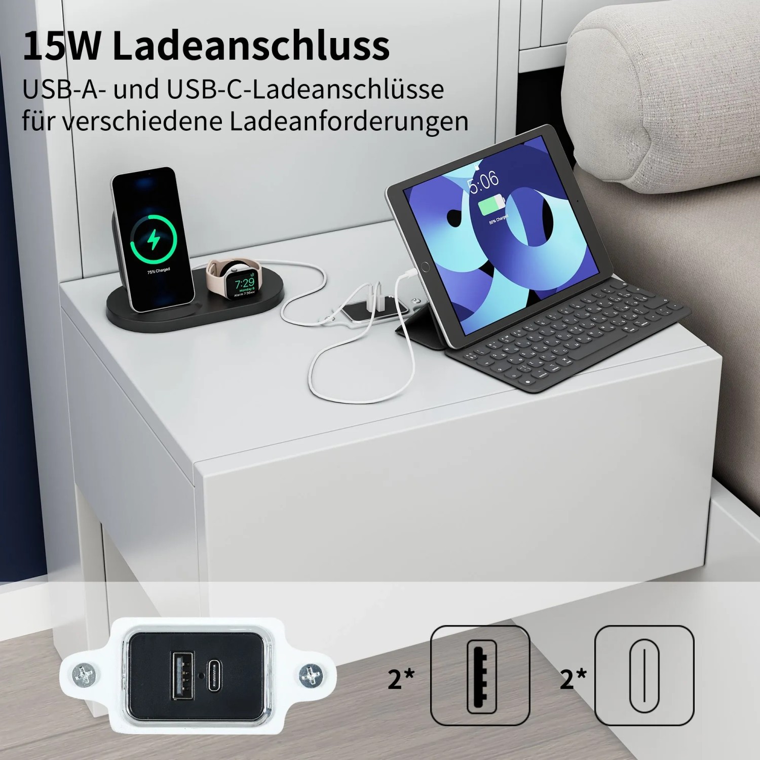 okwish Doppelbett 160x200cm mit USB Anschluss Lautsprecher Schlafzimmer Weiß ohne Matratze_6