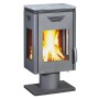Grauer Wamsler Trion Kaminofen aus Stahl, 8 kW Leistung, mit brennendem Holz im Feuerraum.