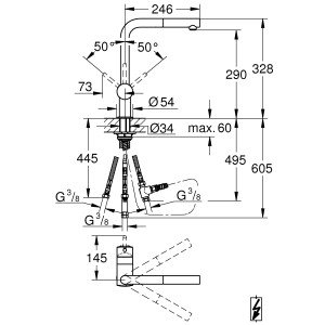 Technische Zeichnung: Grohe Minta Niederdruck Küchenarmatur mit Maßen und Anschlüssen.