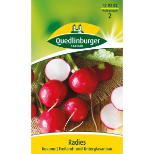 Quedlinburger Radieschen 'Korund' Samen, leuchtend rote, runde Knollen auf Verpackung.
