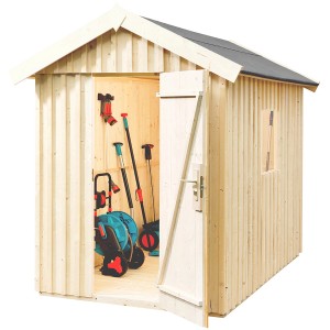 Unbehandeltes Weka Holz-Gartenhaus mit Satteldach, 162x286 cm, Tür geöffnet, Gartengeräte im Inneren.