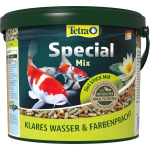 Tetra Pond Special Mix Teichfutter im 5L Eimer mit Koi Karpfen und Futtersticks.