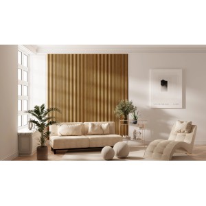 Wohnraum mit Akustikpaneel Eiche Braun, das die Wand hinter einem beigen Sofa ziert.