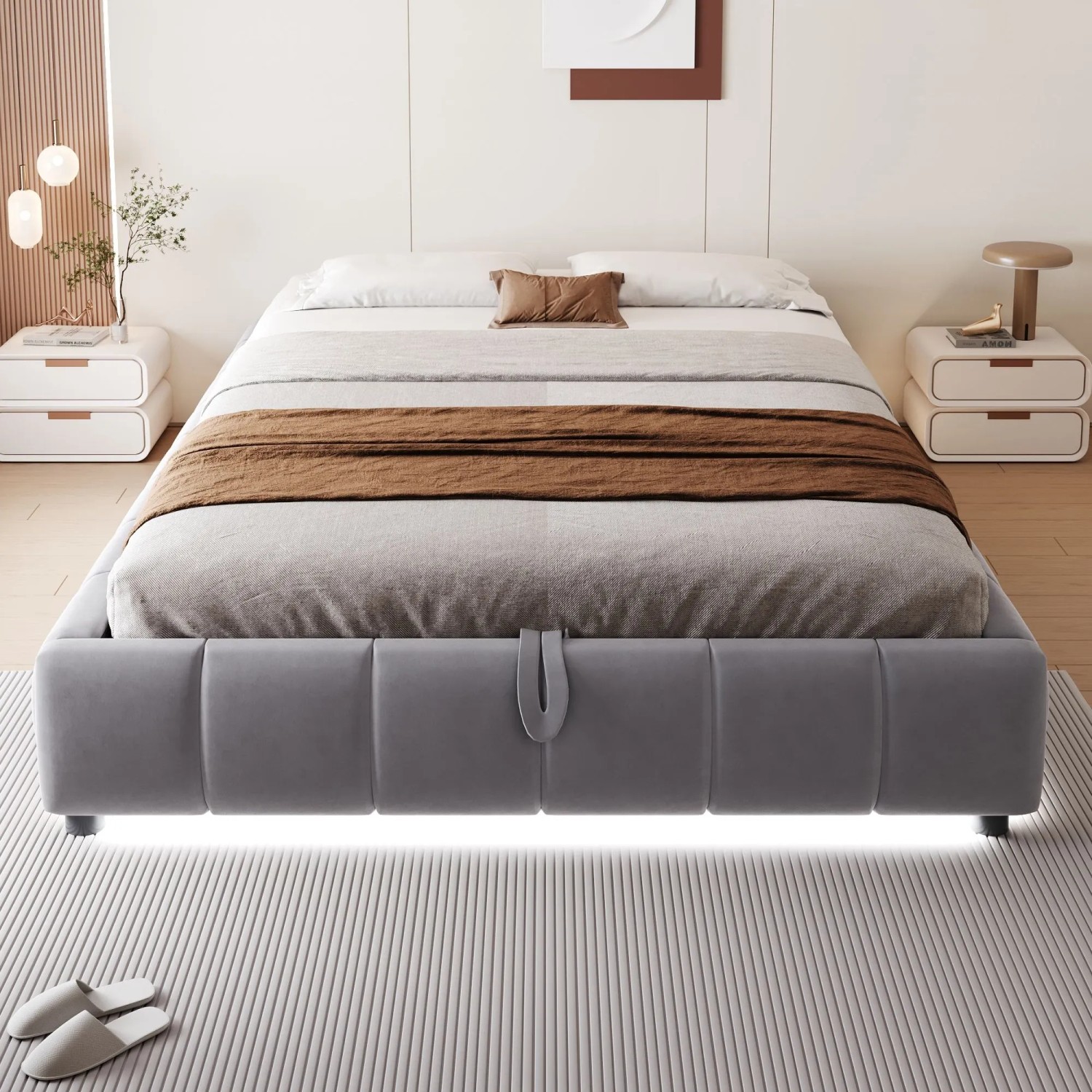 okwish Polsterbett 140x200cm mit LED Beleuchtung und Stauraum Beige ohne Matratze_4