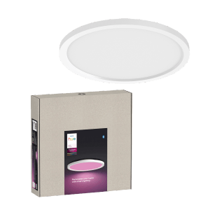 Philips Hue Surimu LED-Panelleuchte, weiße Deckenlampe mit RGBW und Produktverpackung.