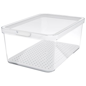 Weißer Rotho Kühlschrankorganizer Cauma 4,65 l mit transparentem Behälter und gelochtem Einsatz.