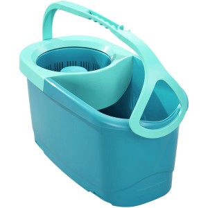 Leifheit Clean Twist Disc Mop Ergo Set, Reinigungsgerät mit Eimer und Schleudersieb in Türkis und Mintgrün.