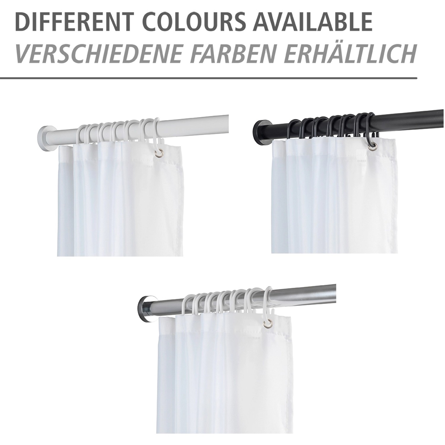 Wenko Teleskop-Duschvorhangstange Luz in verschiedenen Farben: Schwarz, Weiß und Silber.