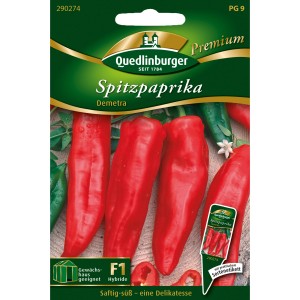Saatgutpackung Quedlinburger Spitz-Paprika Demetra mit roten, kegelförmigen Paprika.