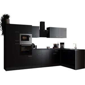 Schwarze Respekta Winkelküche Oliver, 340 cm, mit E-Geräten und Edelstahlspüle.