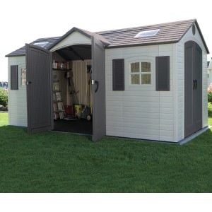 Großes Lifetime Kunststoff-Gartenhaus Residenz 11,15 m² mit geöffneten Doppeltüren und Fenstern.