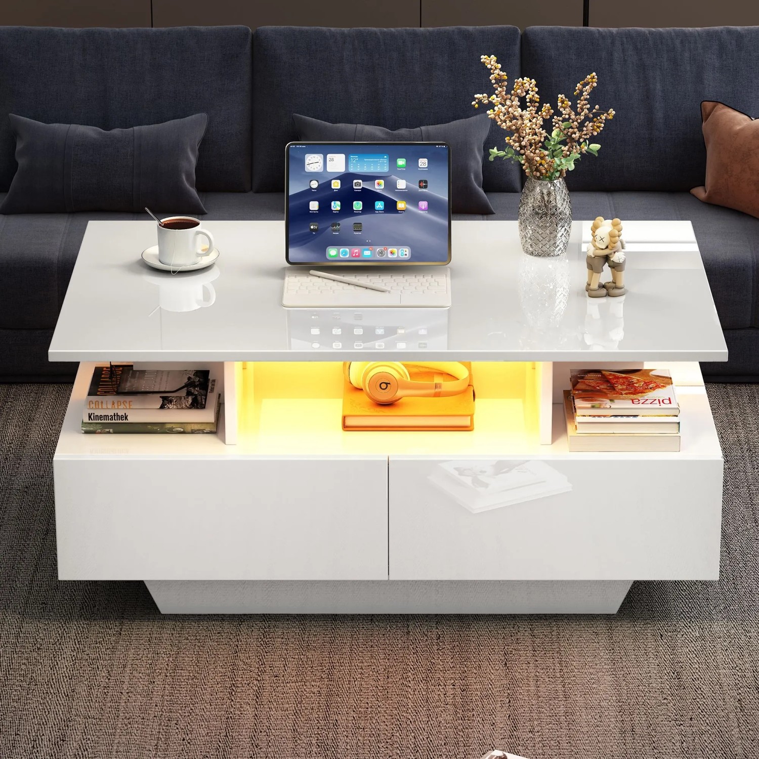okwish Couchtisch mit LED 2 Schubladen Stauraum 90x55x41cm Hochglanz Weiß_3