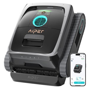 Aiper Scuba V3 Poolroboter, schwarz-grau, mit Kettenantrieb, blauer Leuchte und Smartphone-App zur Steuerung.