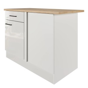 Flex-Well Eck-Unterschrank Lund, 110 cm, Lichtgrau/Rauchgrau, mit Schublade und Drehtür.