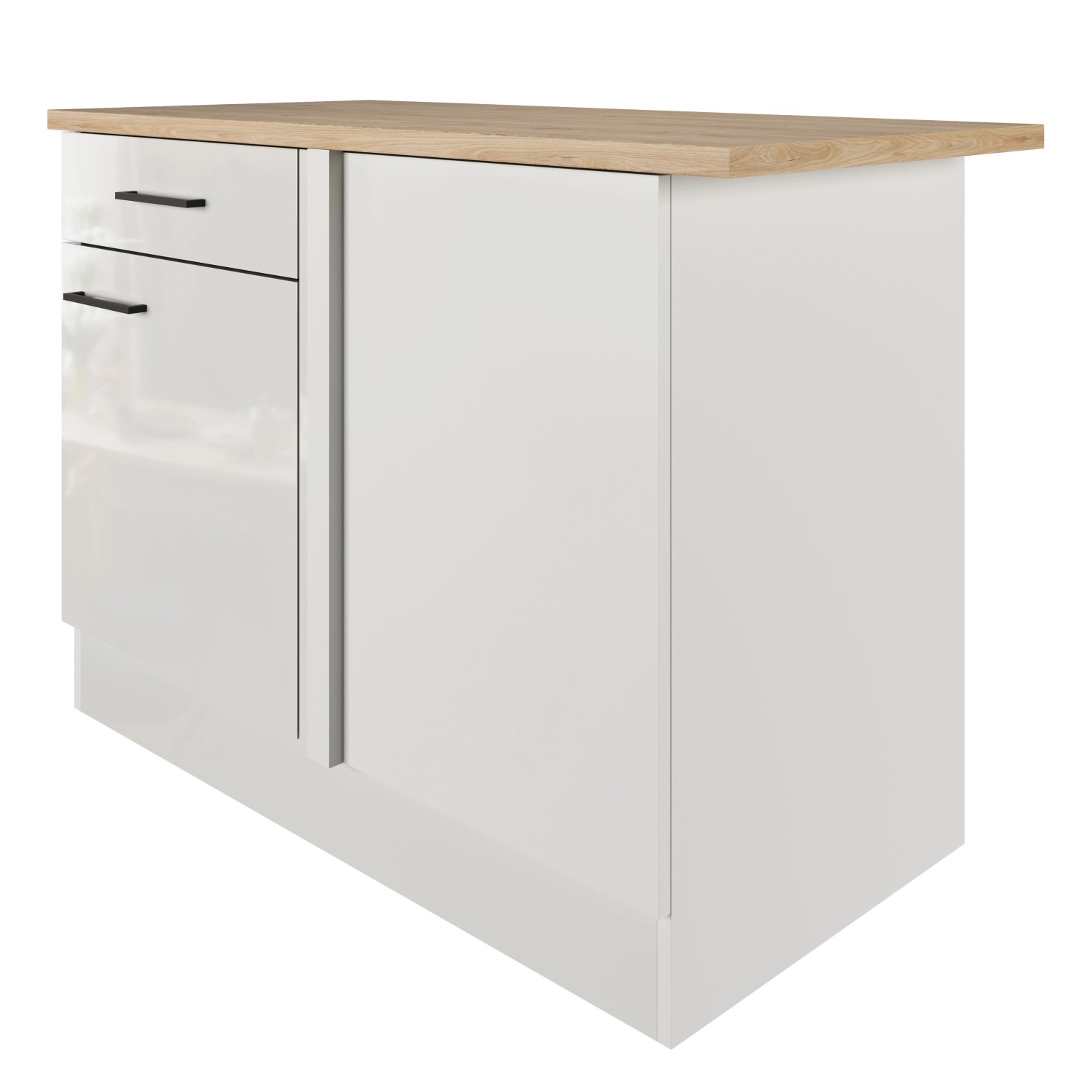 Flex-Well Eck-Unterschrank Lund, 110 cm, Lichtgrau/Rauchgrau, mit Schublade und Drehtür.