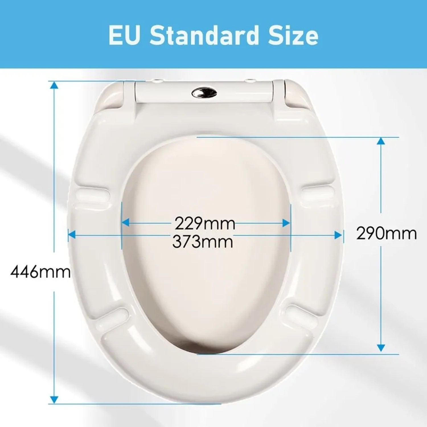 Weißer Sinobath Duroplast WC-Sitz mit Absenk-Automatik. Ansicht von oben mit EU Standardmaßen: Länge 446mm, Breite 290mm.