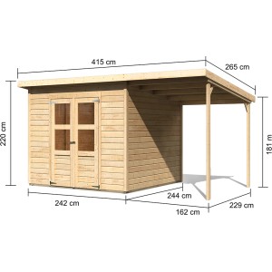 Karibu Holz-Gartenhaus Vellinge, unbehandelt, mit Maßangaben. Ideal zur Gartenaufbewahrung.