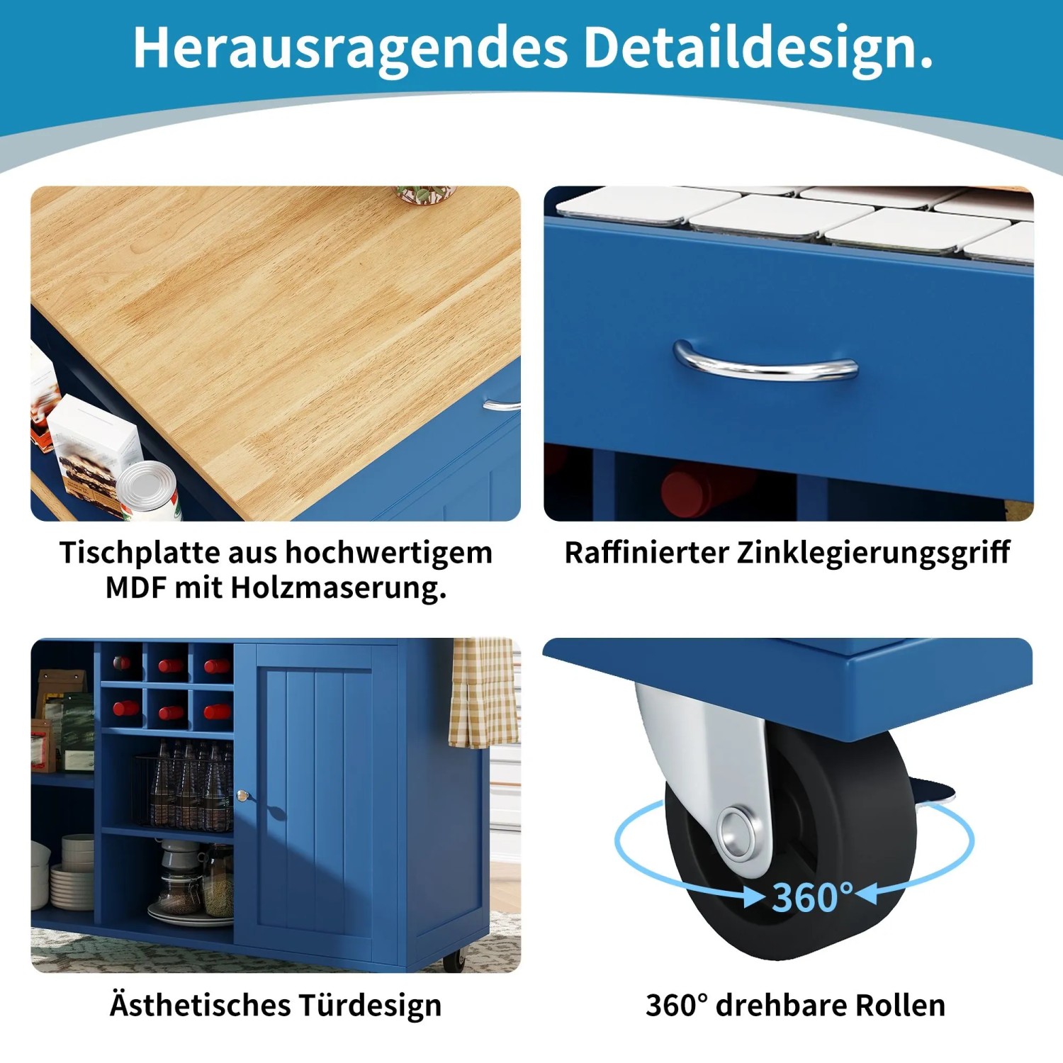 okwish Kücheninsel mit Speicherraum Multifunktion Küche 102x45x92cm Blau_8