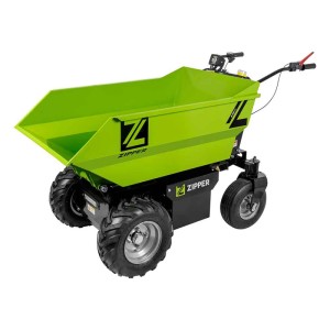Grüner Zipper Elektro-Rad Dumper ZI-ED500 mit schwarzem Rahmen und hydraulischer Kippmulde. Robuste Baumaschine.