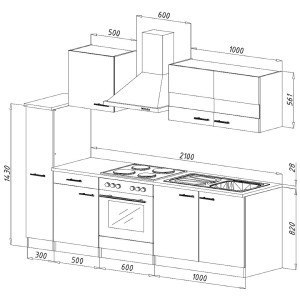 Skizze der Respekta Küchenzeile KB240ESW in Weiß-Eiche, 240 cm breit, mit Elektrogeräten und Stauraum.