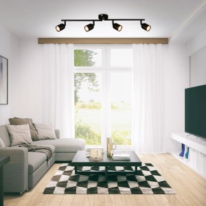 Schwarze, schwenkbare Brilo Deckenleuchte Tabo mit 4 Spots im Wohnzimmer.