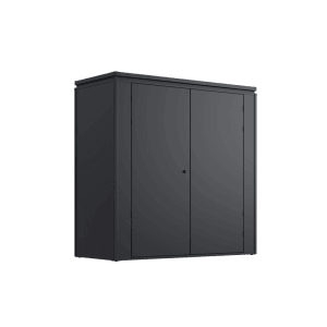 Anthrazitfarbener Gartenschrank aus Stahl mit zwei Türen, ideal für Ordnung und Stauraum im Garten.