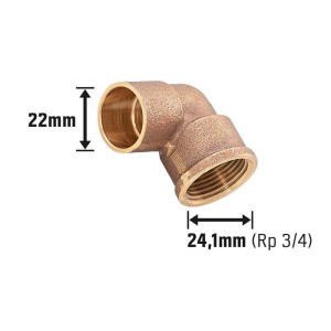 Löt-Winkel aus Rotguss, 37 mm, mit 90°-Bogen und unterschiedlichen Anschlussgrößen.