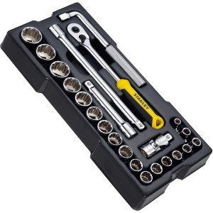 Stanley Steckschlüssel-Set, 23-teilig, 1/2 Zoll, mit Knarre, Verlängerungen und Gelenk in schwarzer Box.