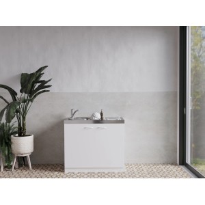 Respekta Miniküche Pantry100, weiße Pantryküche ohne Kühlschrank mit Spüle und Glaskeramikkochfeld.