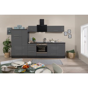 Respekta Premium Küchenzeile 300 cm in Grau Hochglanz-Eiche Grau mit E-Geräten.