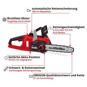 Einhell Akku-Kettensäge Fortexxa 18/30: Kompakte, rote Kettensäge mit Oregon Schwert und Kette.