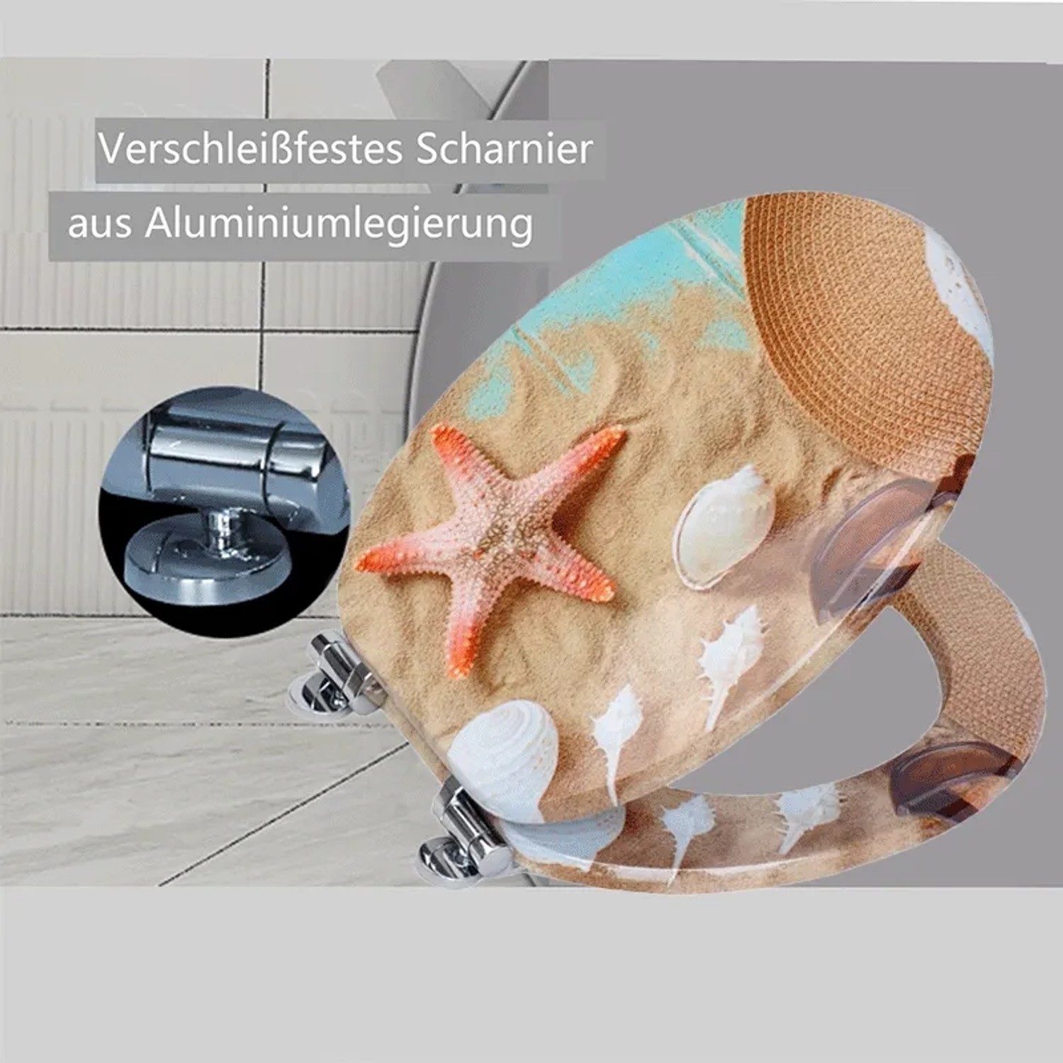 Ovaler Sinobath WC-Sitz mit Strandmotiv: Sand, Seestern, Muscheln. Robustes Scharnier, Absenkautomatik.