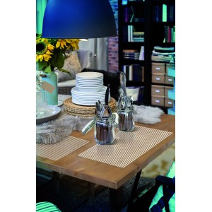 d-c-table Wachstuchtischdecke Set Rio Ben Weiß, 44x29cm, gestreift auf gedecktem Tisch.