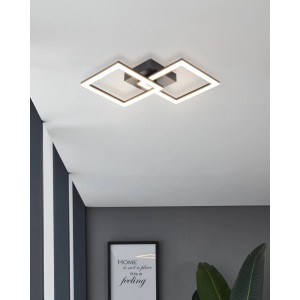 Moderne Eglo LED-Deckenleuchte Huerta-E, 3000K, schwarz, mit zwei quadratischen Leuchtelementen.