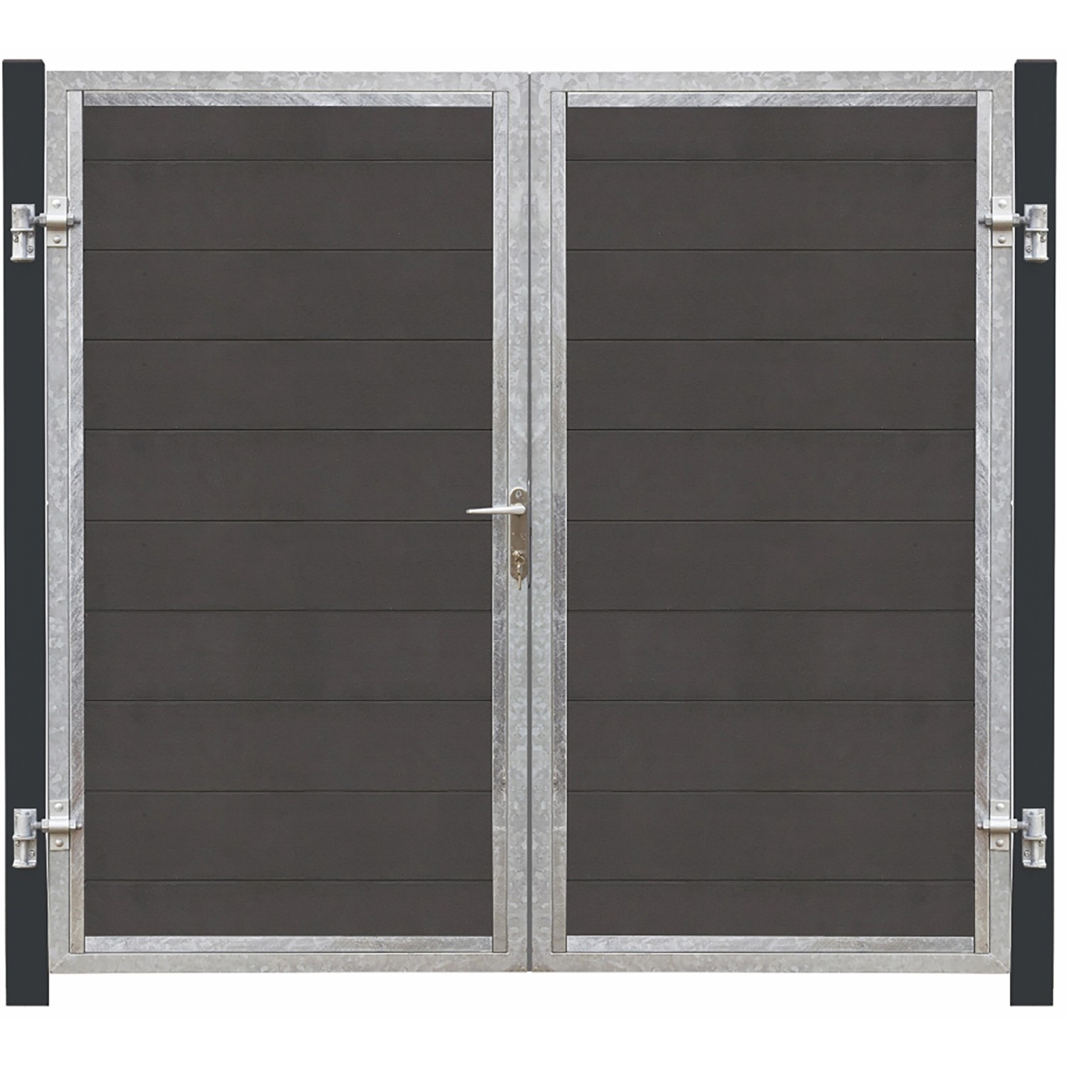 Doppeltor Futura WPC Schiefergrau, 213x180cm, mit grauschwarzen Pfosten. Gartentor für den Außenbereich.