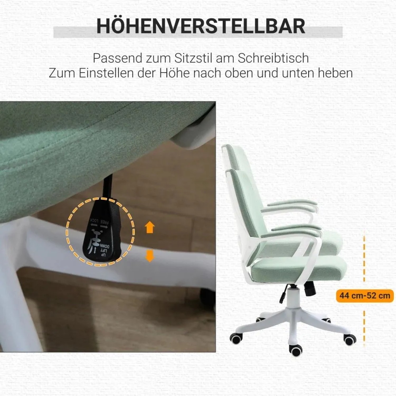 Vinsetto Bürostuhl, mintgrün, höhenverstellbar 44-52 cm, mit Einstellhebel und Rollen. Ergonomisch.