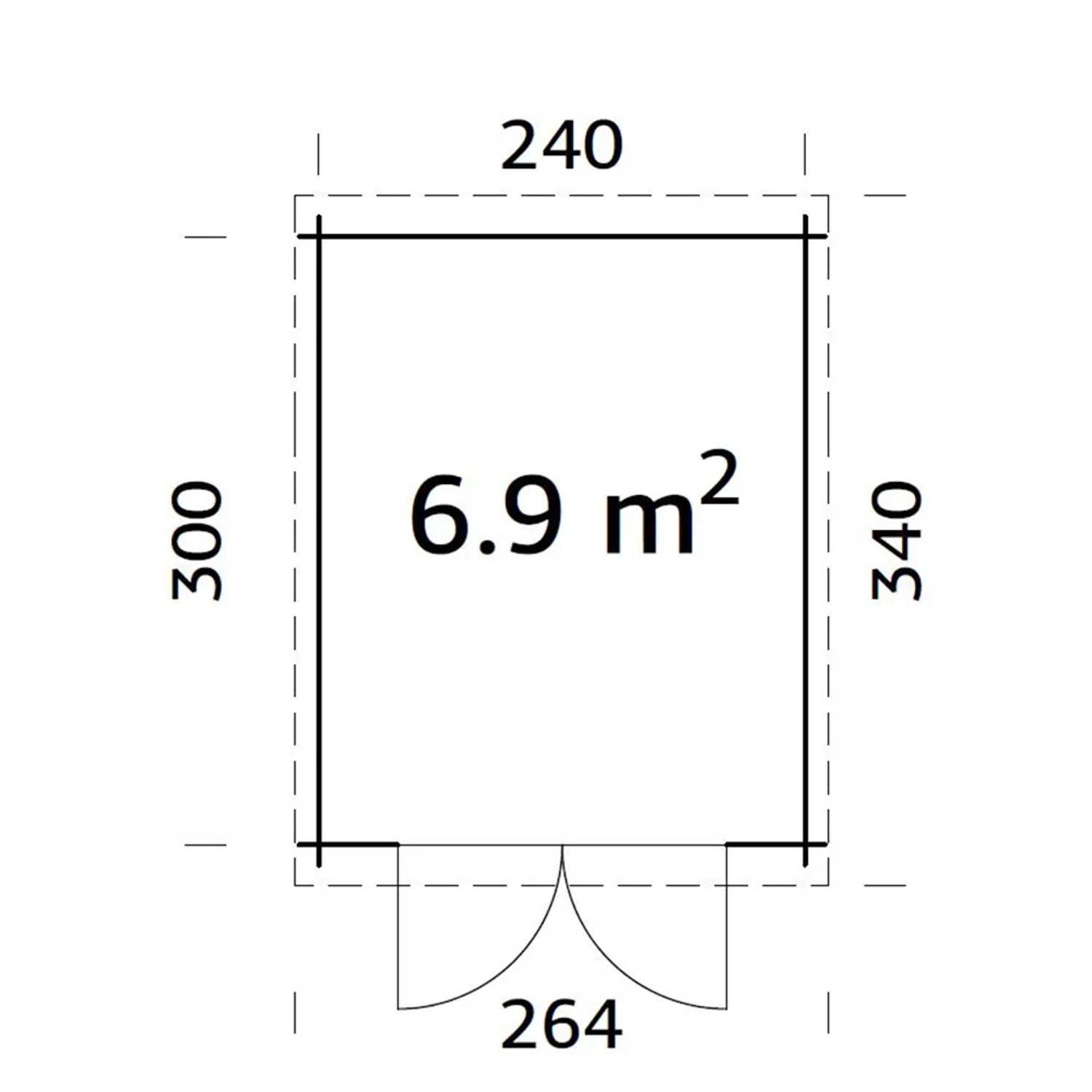 Grundriss Palmako Ella Holz-Gartenhaus: 240x300cm, 6,9 m² Fläche, Flachdach.
